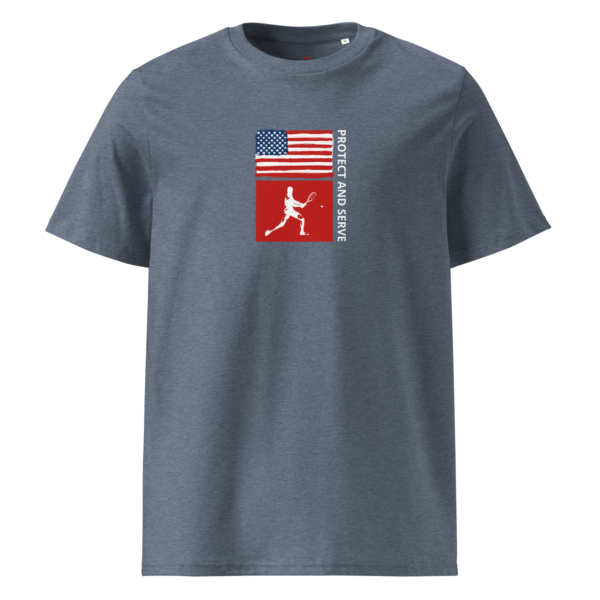 Men's Protect And Serve organic cotton tee in dark heather blue, front view