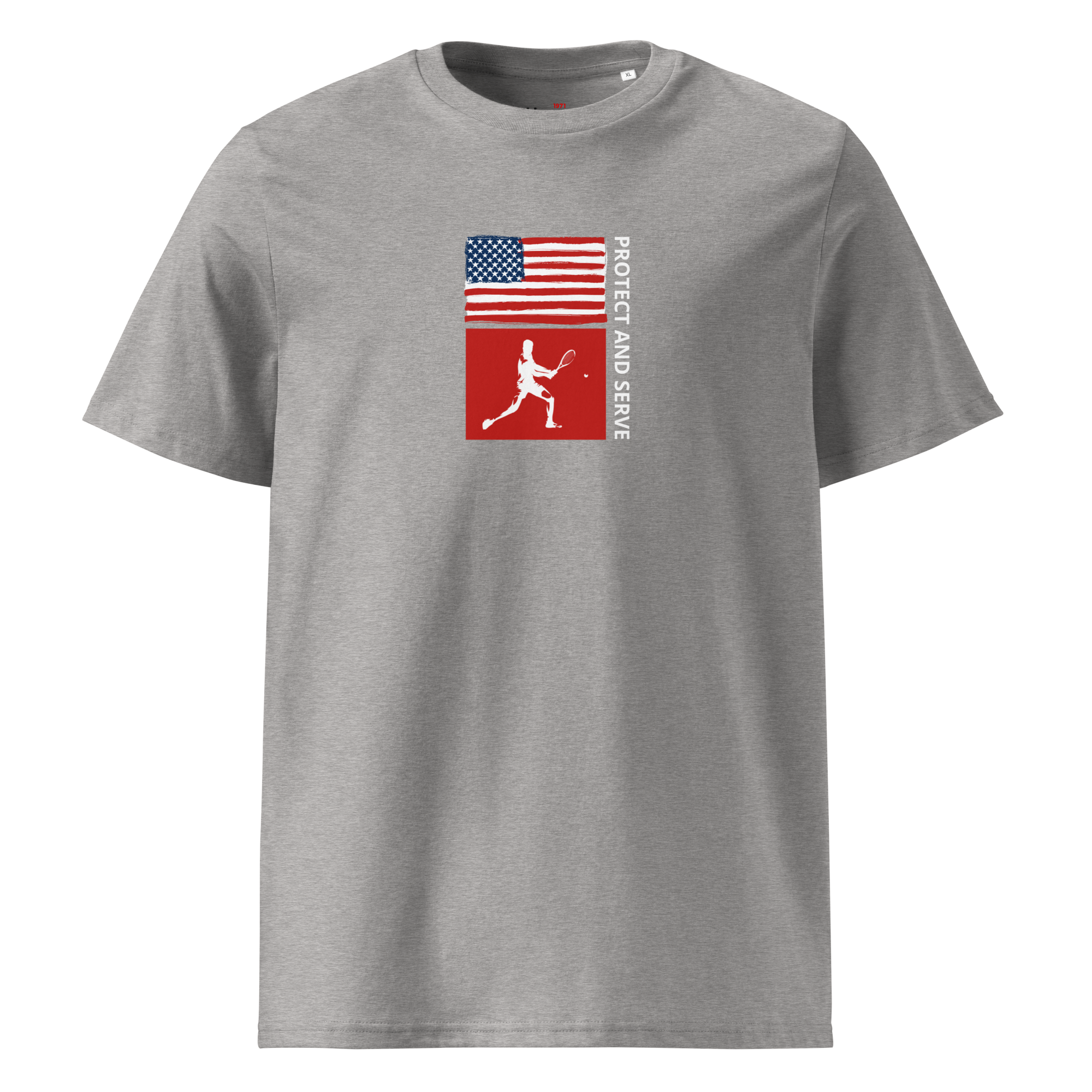 Men's Protect And Serve organic cotton tee in heather grey, front