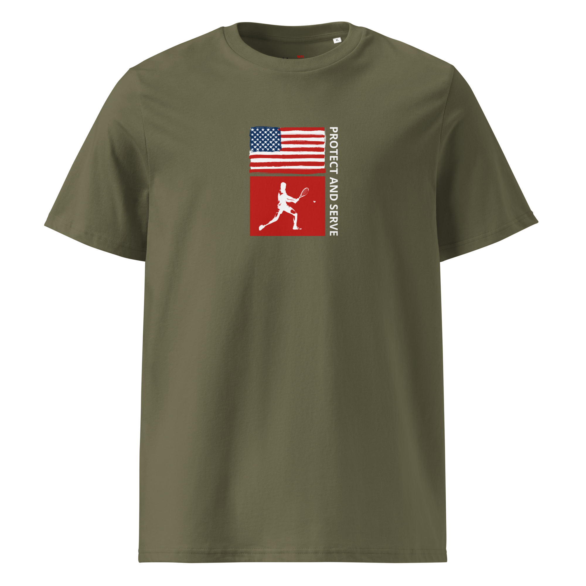 Men's Protect And Serve organic cotton tee in khaki, front view